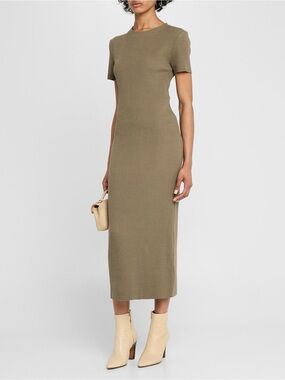 VINCE [$700] Ribbed Midi Dress Khaki Green